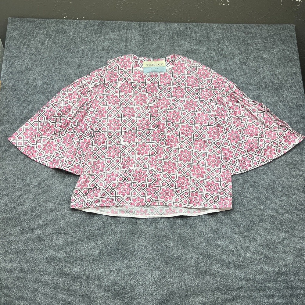 Tish Cox Blouse Pink Multicolor Geometric Short Sleeves Cotton Size Medium